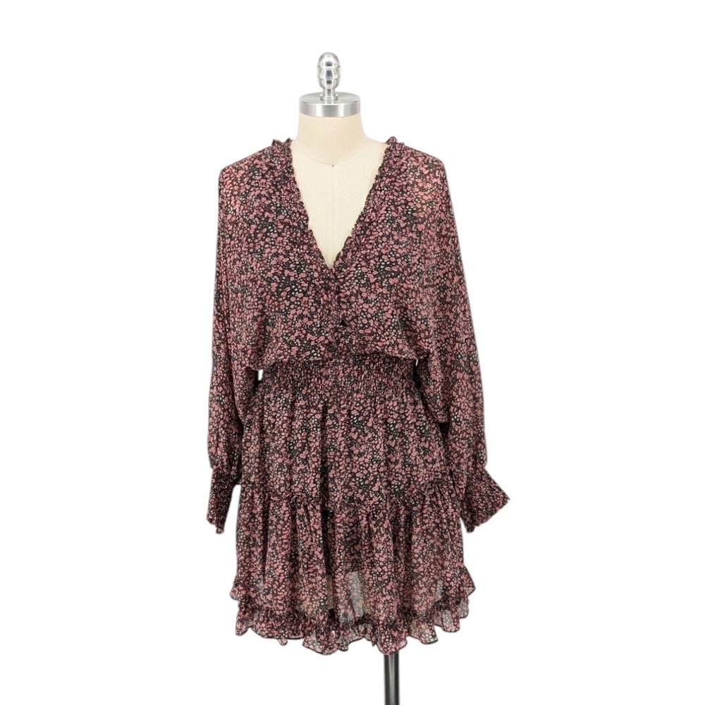 00921 She + Sky Floral Ruffle Dress Pink Black M bohemian cottagecore casual